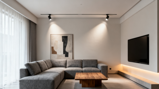 Modern living room showcasing the ceiling-free lighting trend with sleek track lights and minimalistic decor.