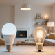 Comparison of energy-efficient LED bulbs and traditional light bulbs in a modern living room setting.