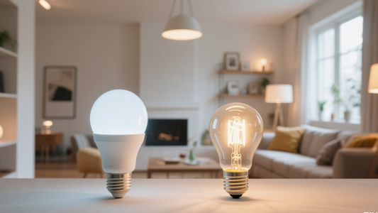 Comparison of energy-efficient LED bulbs and traditional light bulbs in a modern living room setting.