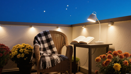 Cozy balcony with warm autumn outdoor lighting ideas, featuring a chair, blanket, flowers, and a table with a book.