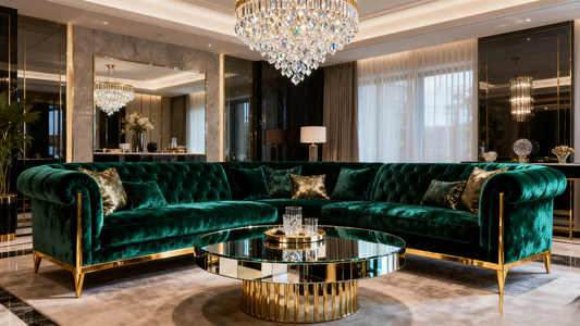 Luxurious living room with green velvet sofa and chandelier, showcasing lighting recommendations by room.