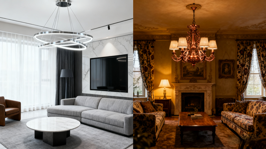 Modern vs. Vintage Pendant Lights: showcasing modern vintage pendant lights in contemporary and classic living room settings.