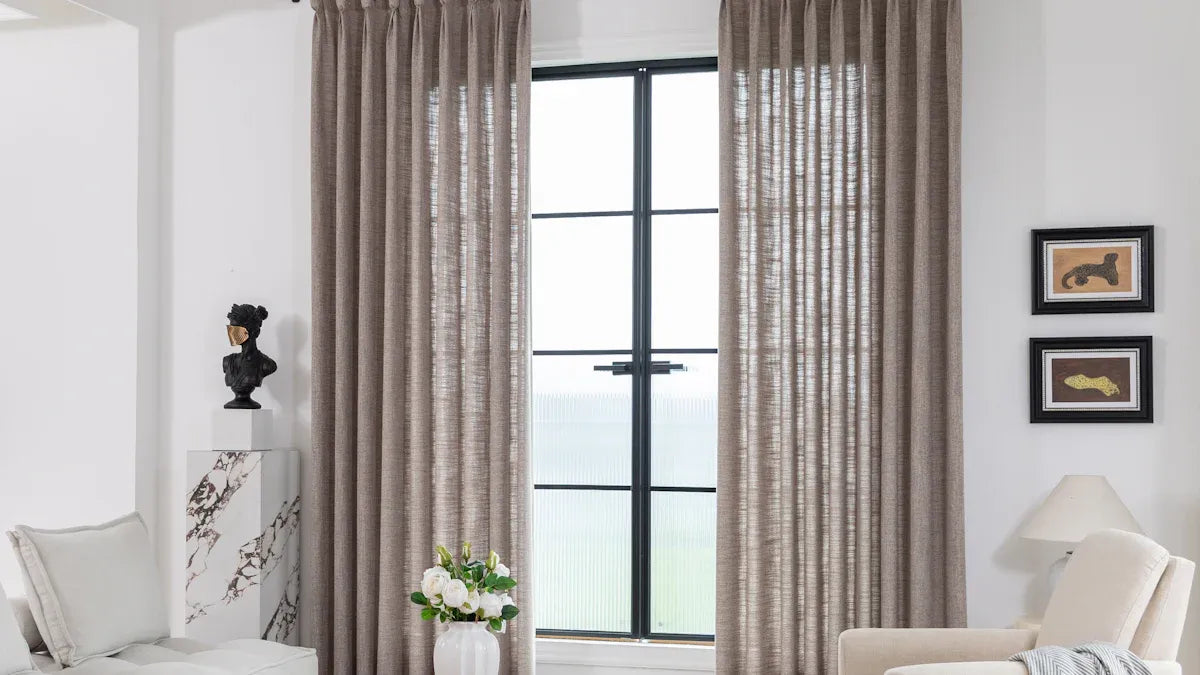 bright living room with modern floor lamp trends and sheer curtains by a window