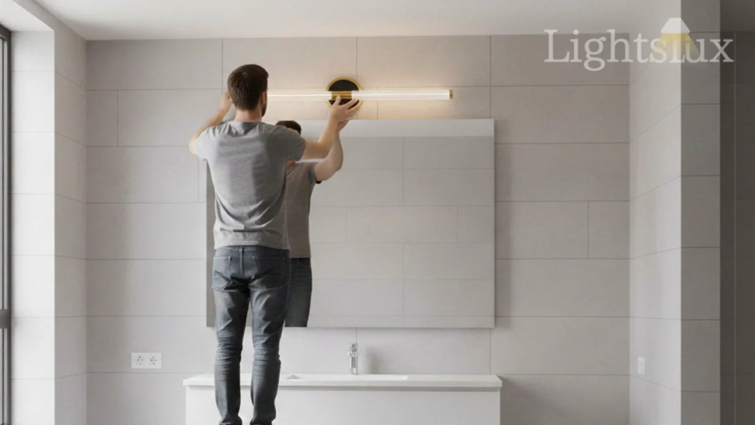 Person installing bathroom vanity light above mirror in modern bathroom setting.