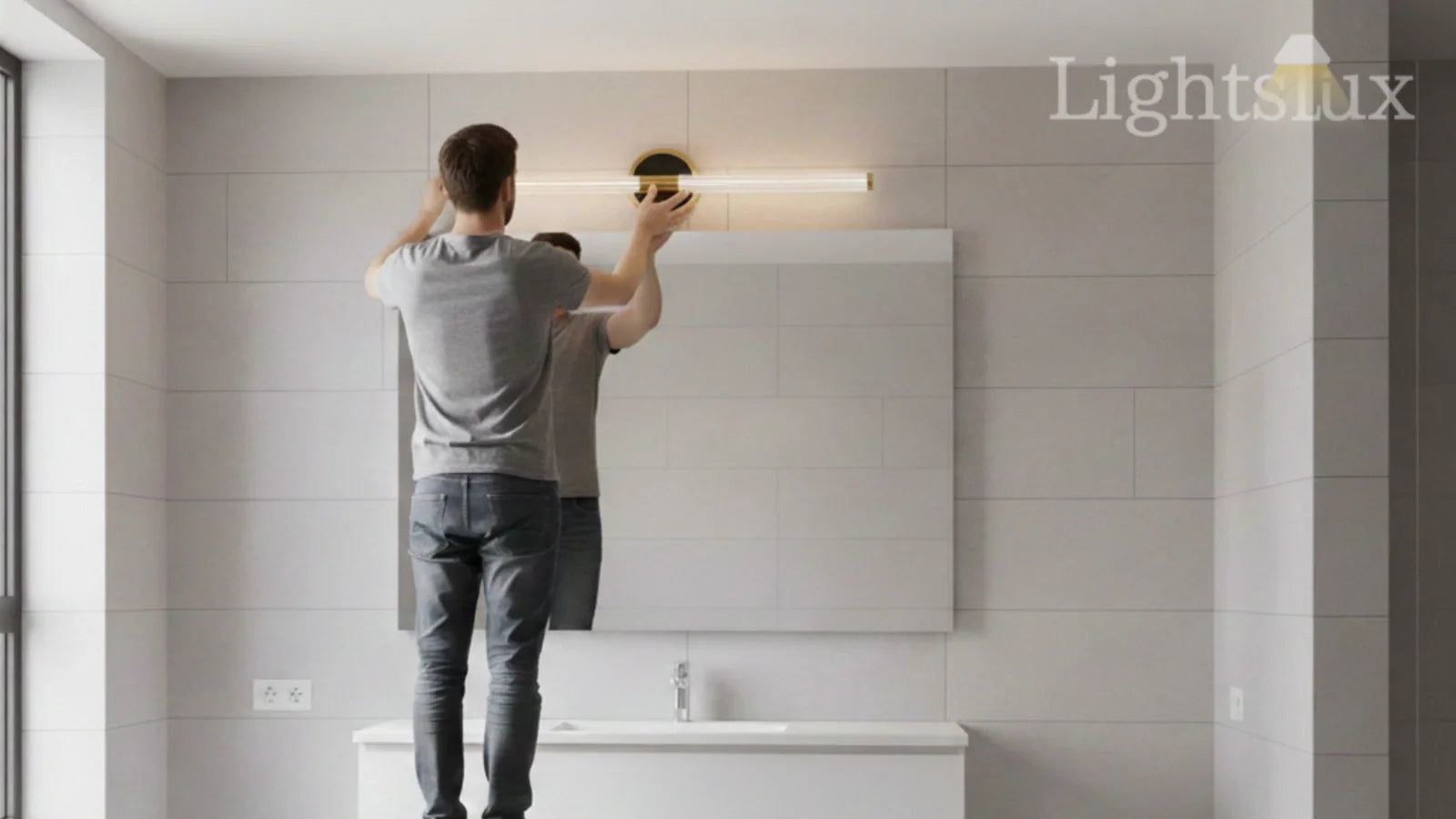 Person installing bathroom vanity light above mirror in modern bathroom setting.