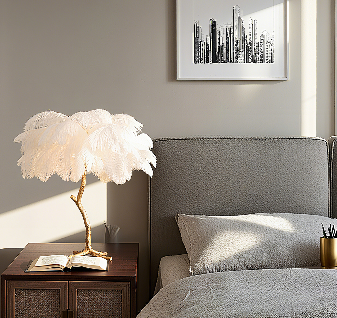 feather table lamp mood lighting beside a bed, creating a cozy and inviting atmosphere in a modern bedroom.