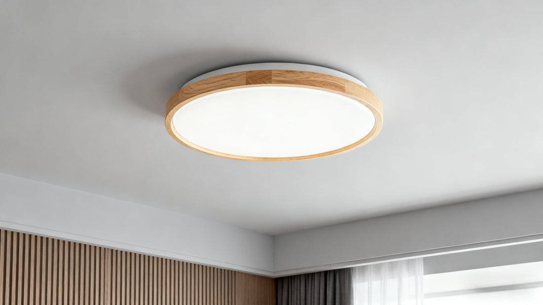 Modern bedroom ceiling lights featuring a stylish round fixture with a wooden frame.