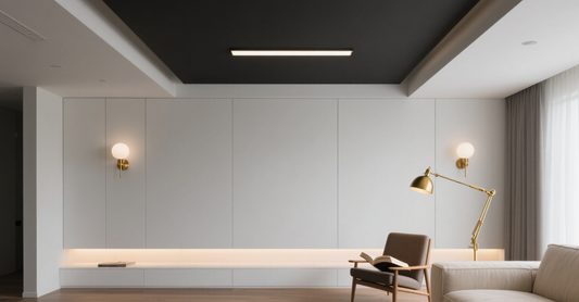 Modern living room showcasing lighting layering techniques with a floor lamp and wall sconces.