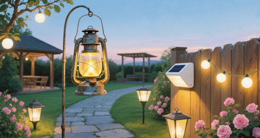 Elegant outdoor pathway lighting guide showcasing lanterns and solar lights illuminating a garden pathway.