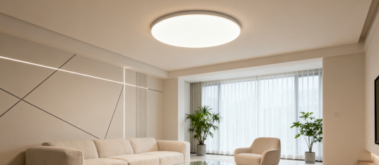 Modern living room featuring a sleek flush mount ceiling light guide that enhances ambiance and decor.