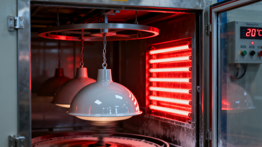 Lighting finish comparison in a baking paint process with grey lamps in an oven.