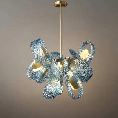 Art Deko Pfau Kronleuchter – Blaues Feder Kunstglas Zeitgenössisch für Esszimmer Schlafzimmer