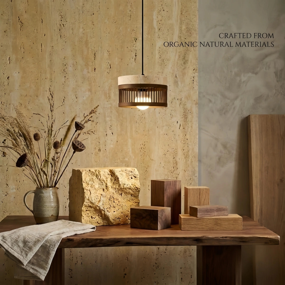 Wabi-sabi_Pendant_Light_Travertine_Solid_Wood_Brown_for_Dining_Room