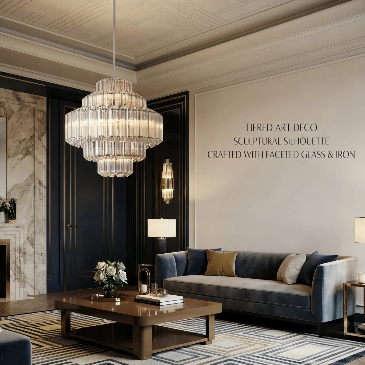 Excelis Luxury Chandelier --Tiered Clear Glass & Metal Frame for Living Room