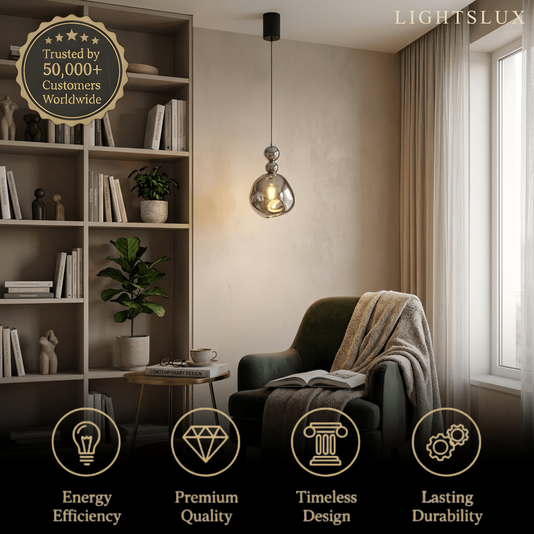 Lunara Modern Pendant Light – Acrylic Globe & Carbon Steel for Bedroom