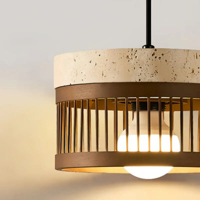 Strata Wabi-sabi Pendant Light --Travertine & Solid Wood Brown for Dining Room