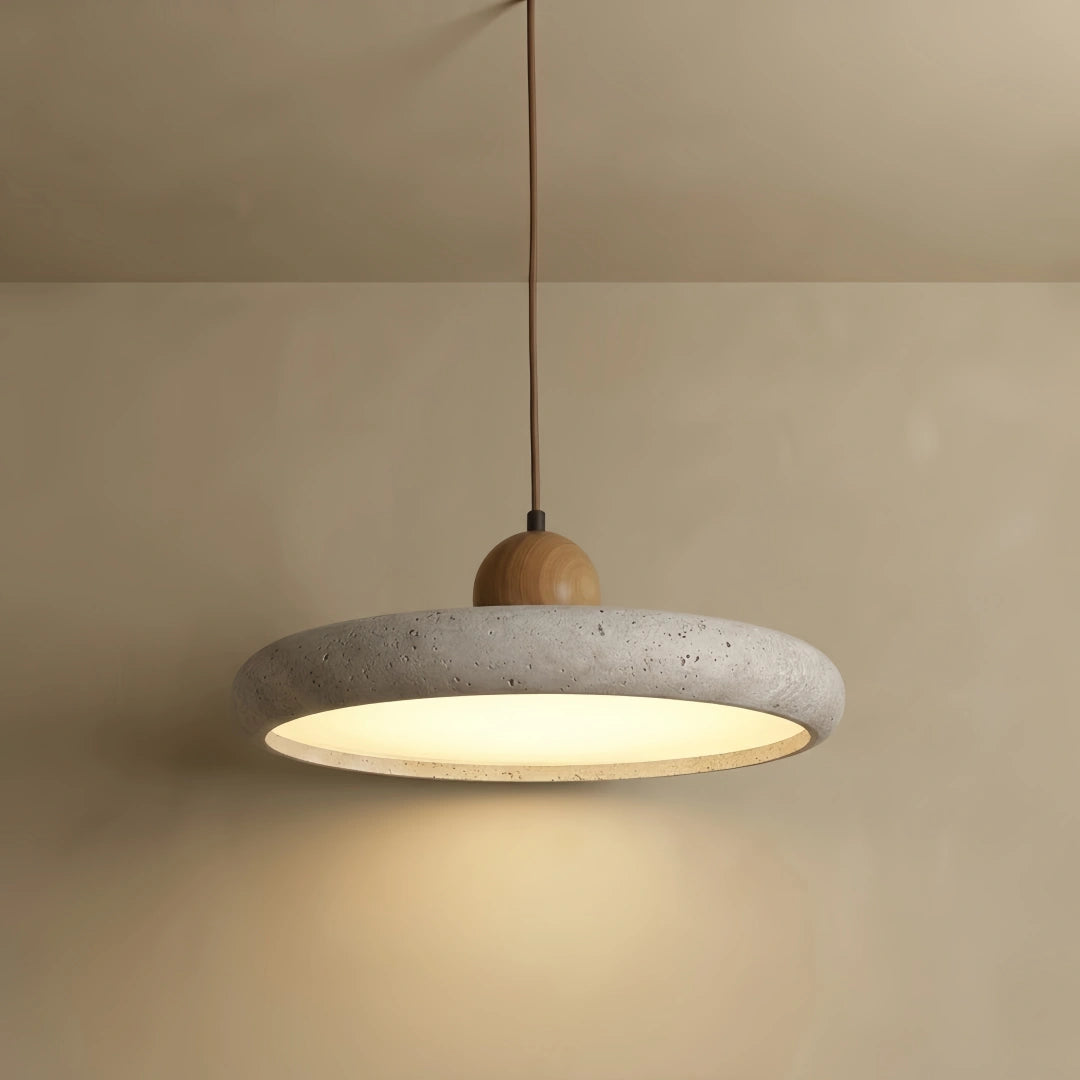 Strata Moderne Travertin-Pendelleuchte – LED-Deckenlampe aus Holz und Stein für Esszimmer