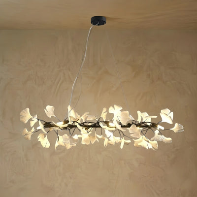Moderner Ginkgo-Kronleuchter – Deckenleuchte mit Keramikblüten in Gold für das Esszimmer