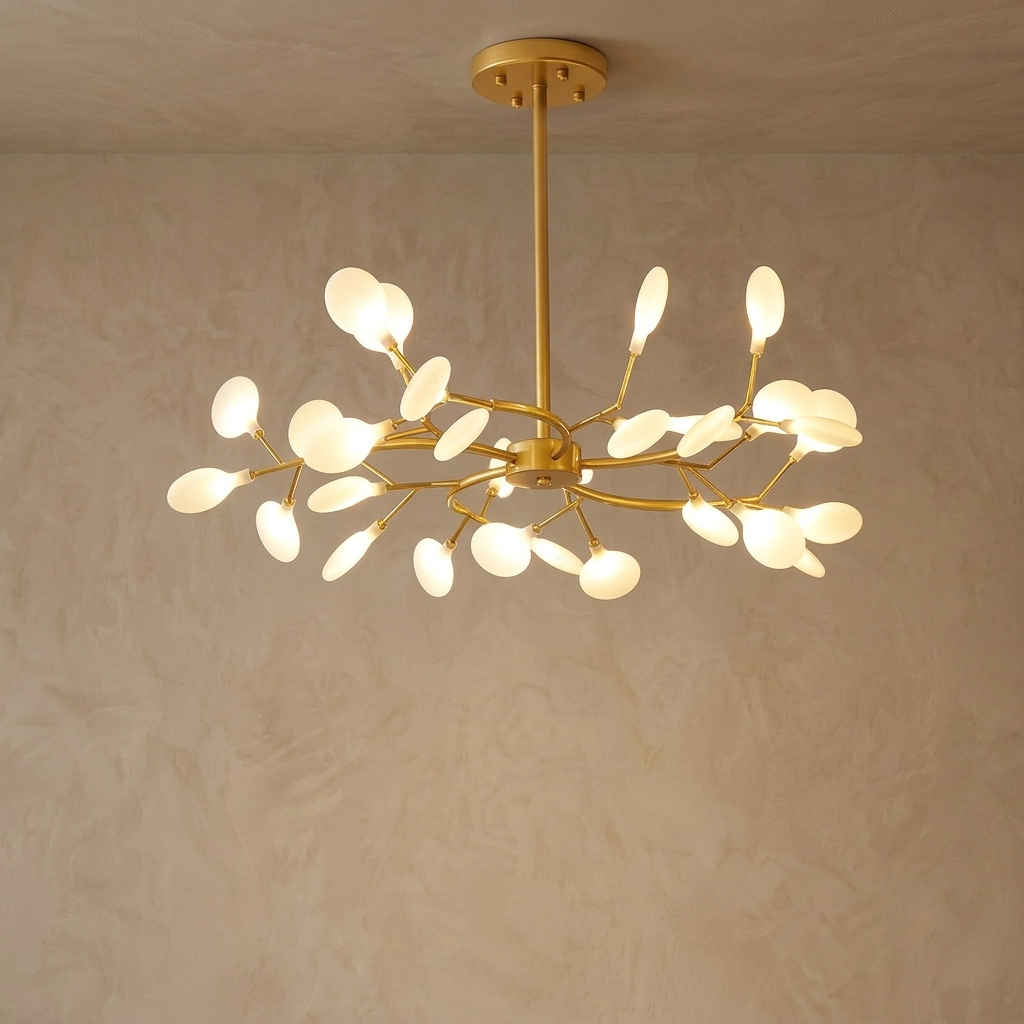 Excelis Art-Deco-Kronleuchter – Ast- und Glühwürmchen-Design in Schwarz/Gold für Ess-/Wohnzimmer
