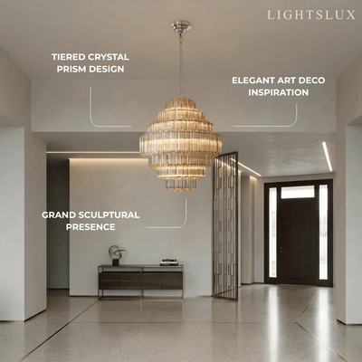 Excelis Luxury Chandelier --Tiered Clear Glass & Metal Frame for Living Room