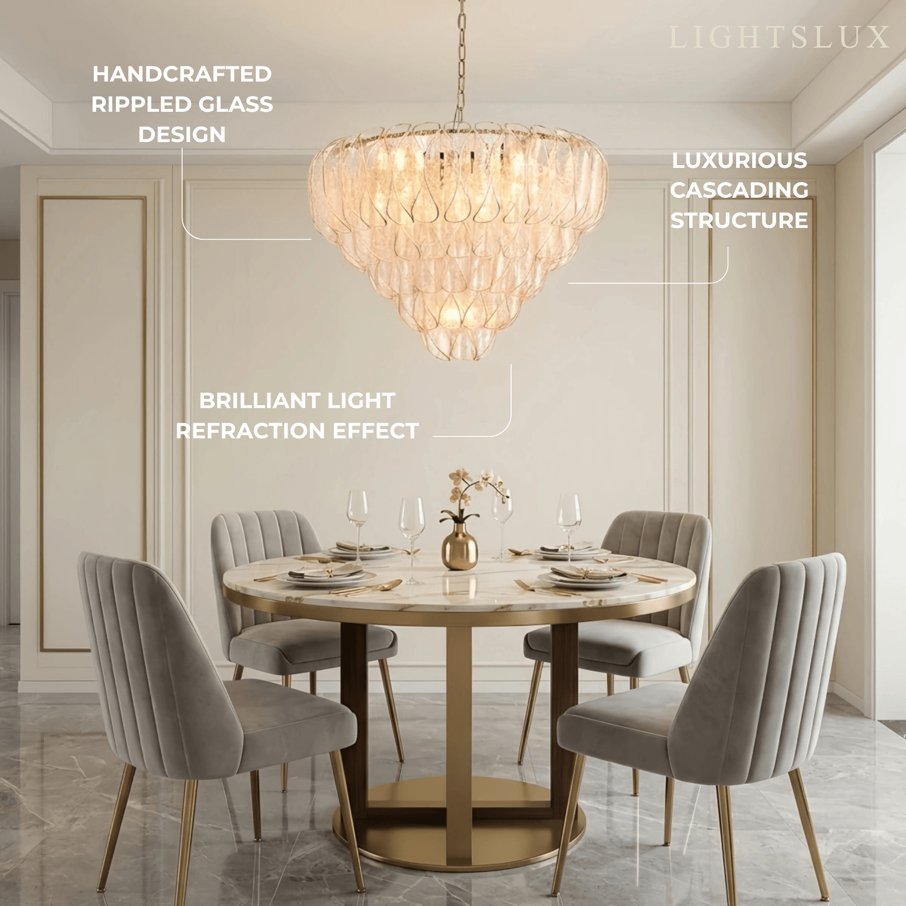 Excelis Luxury Chandelier --Textured Glass & Metal for Living Room