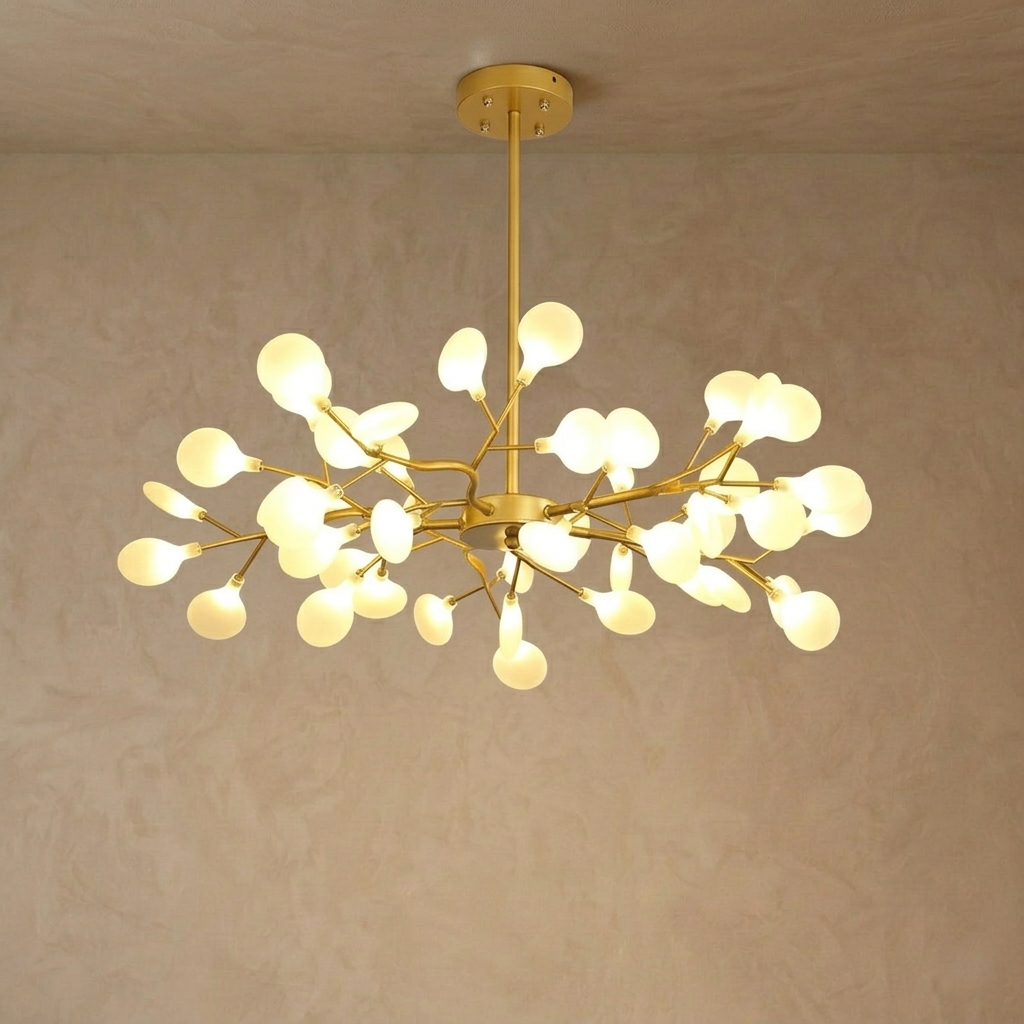Excelis Art-Deco-Kronleuchter – Ast- und Glühwürmchen-Design in Schwarz/Gold für Ess-/Wohnzimmer