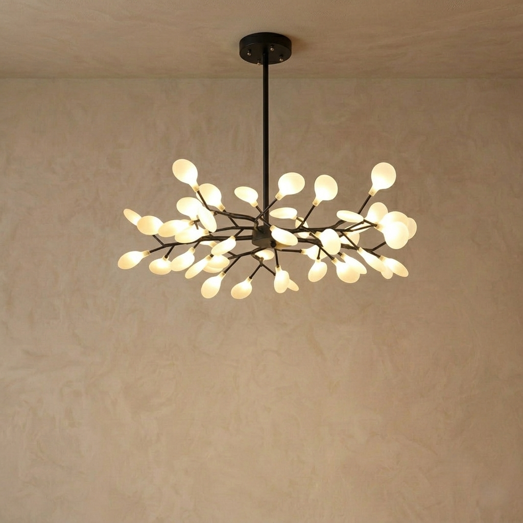 Excelis Art-Deco-Kronleuchter – Ast- und Glühwürmchen-Design in Schwarz/Gold für Ess-/Wohnzimmer