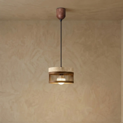 Strata Wabi-sabi Pendant Light --Travertine & Solid Wood Brown for Dining Room