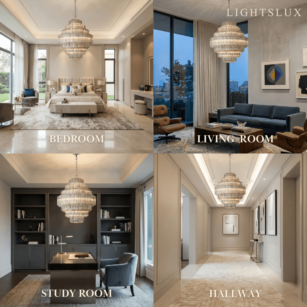 Excelis Luxury Chandelier --Tiered Clear Glass & Metal Frame for Living Room