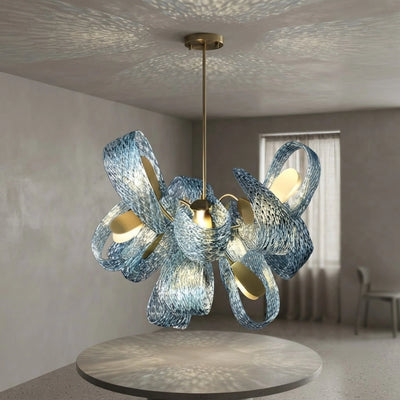 Art Deko Pfau Kronleuchter – Blaues Feder Kunstglas Zeitgenössisch für Esszimmer Schlafzimmer