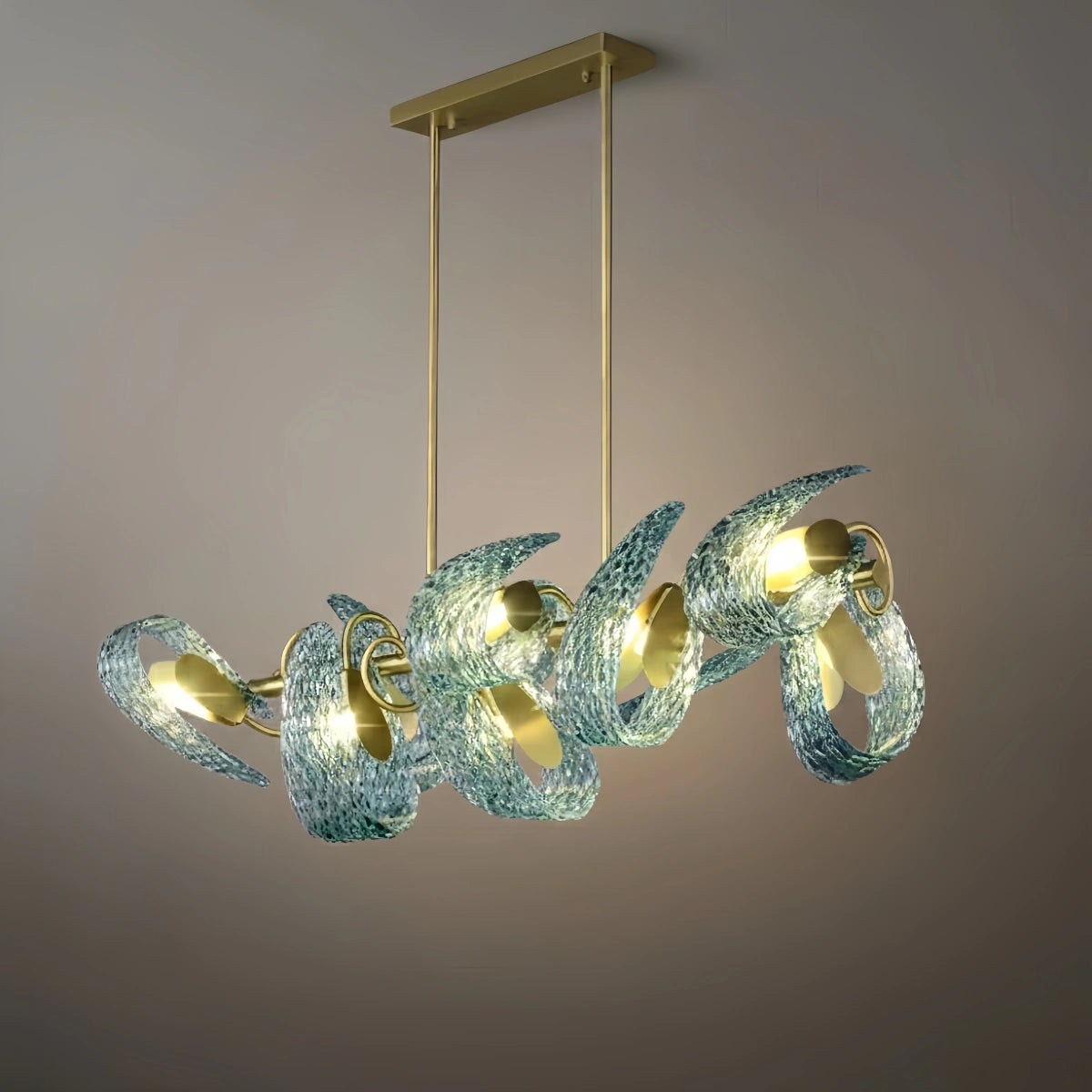 Art Deko Pfau Kronleuchter – Blaues Feder Kunstglas Zeitgenössisch für Esszimmer Schlafzimmer