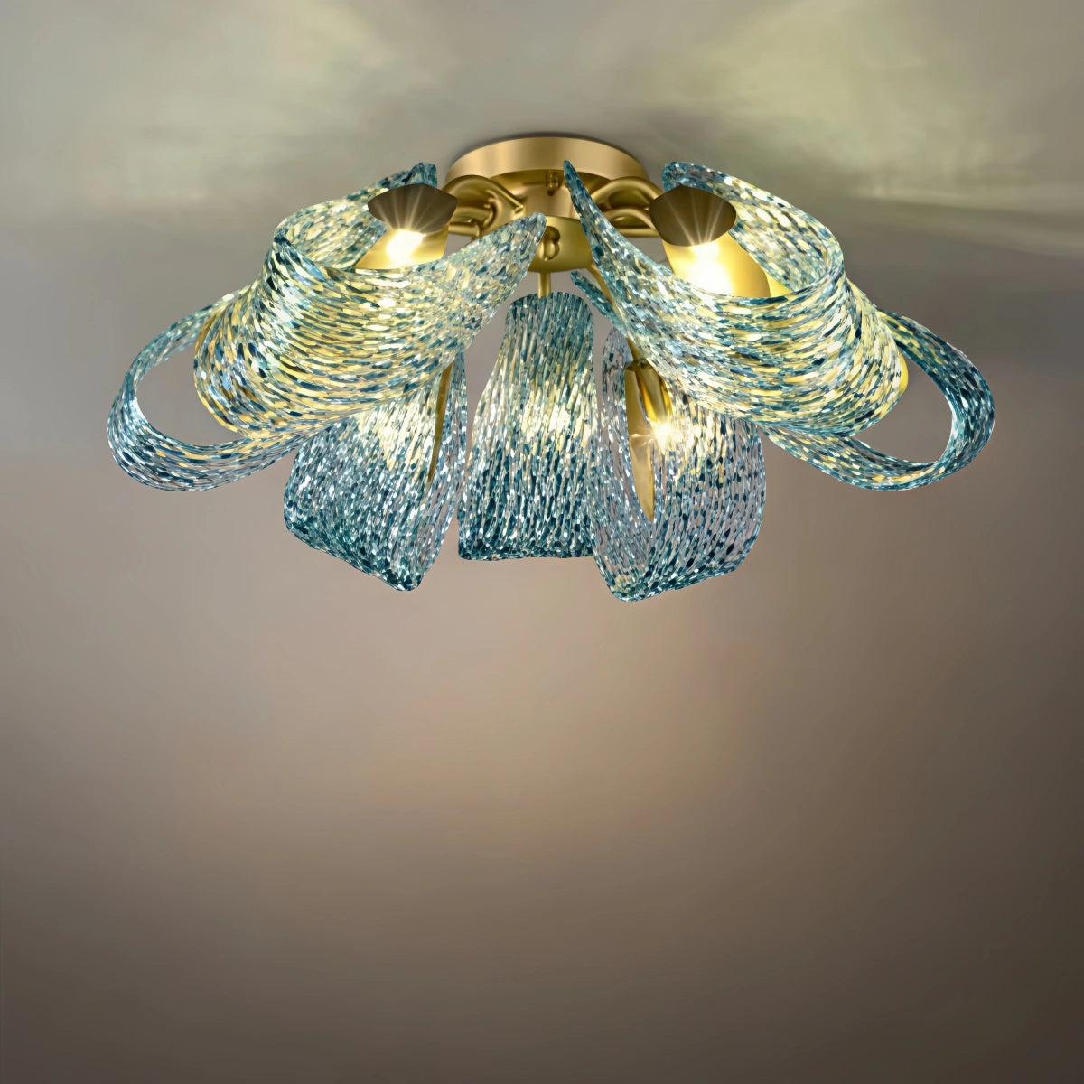 Art Deko Pfau Kronleuchter – Blaues Feder Kunstglas Zeitgenössisch für Esszimmer Schlafzimmer
