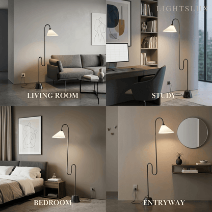 Velora Postmoderne Schwarze Stehlampe – Metallfuß mit Stoffschirm für Schlafzimmer