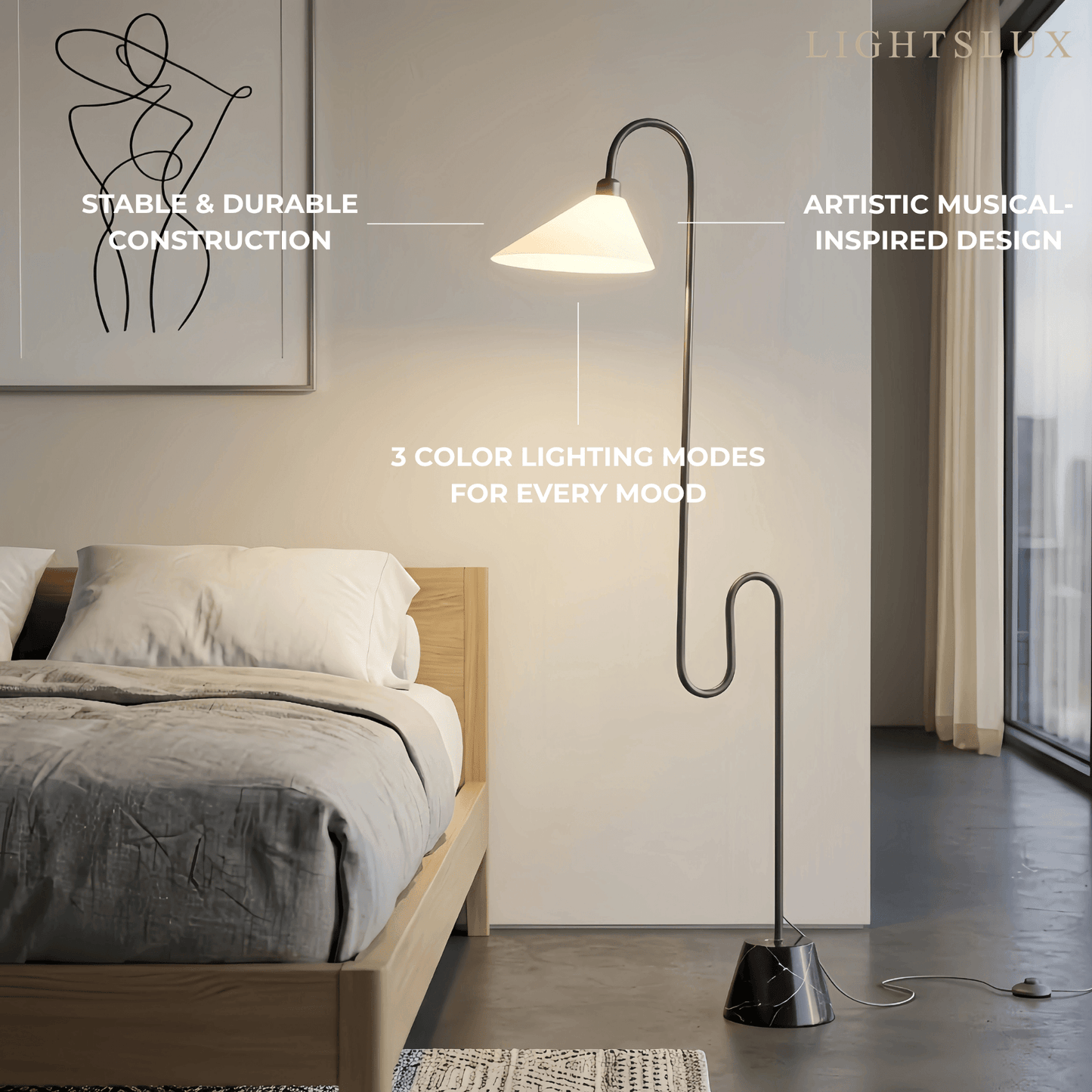 Velora Postmoderne Schwarze Stehlampe – Metallfuß mit Stoffschirm für Schlafzimmer