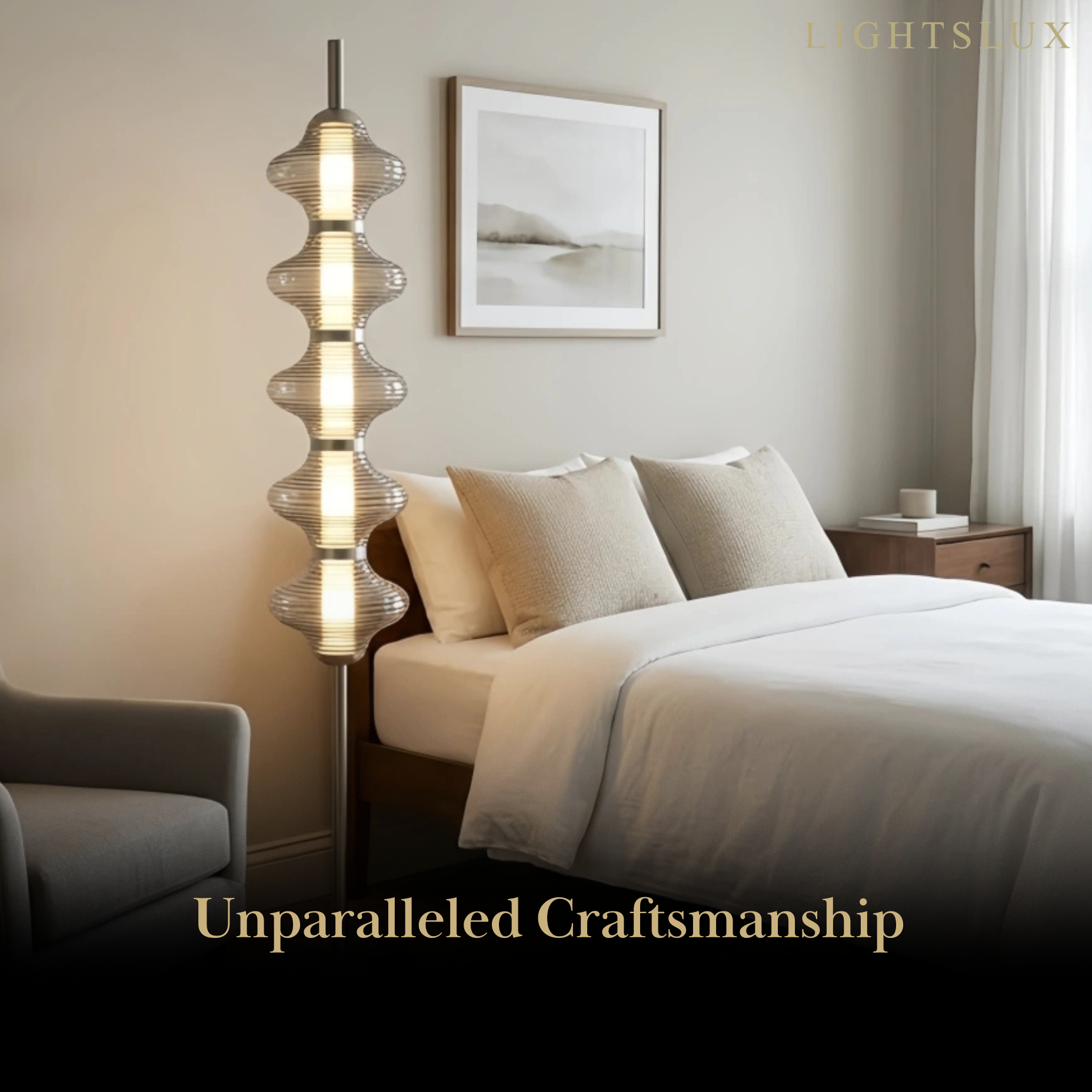 Moderne Stehlampe Vivara aus Metall und Glas – orangefarbenes Laternen-Design fürs Schlafzimmer