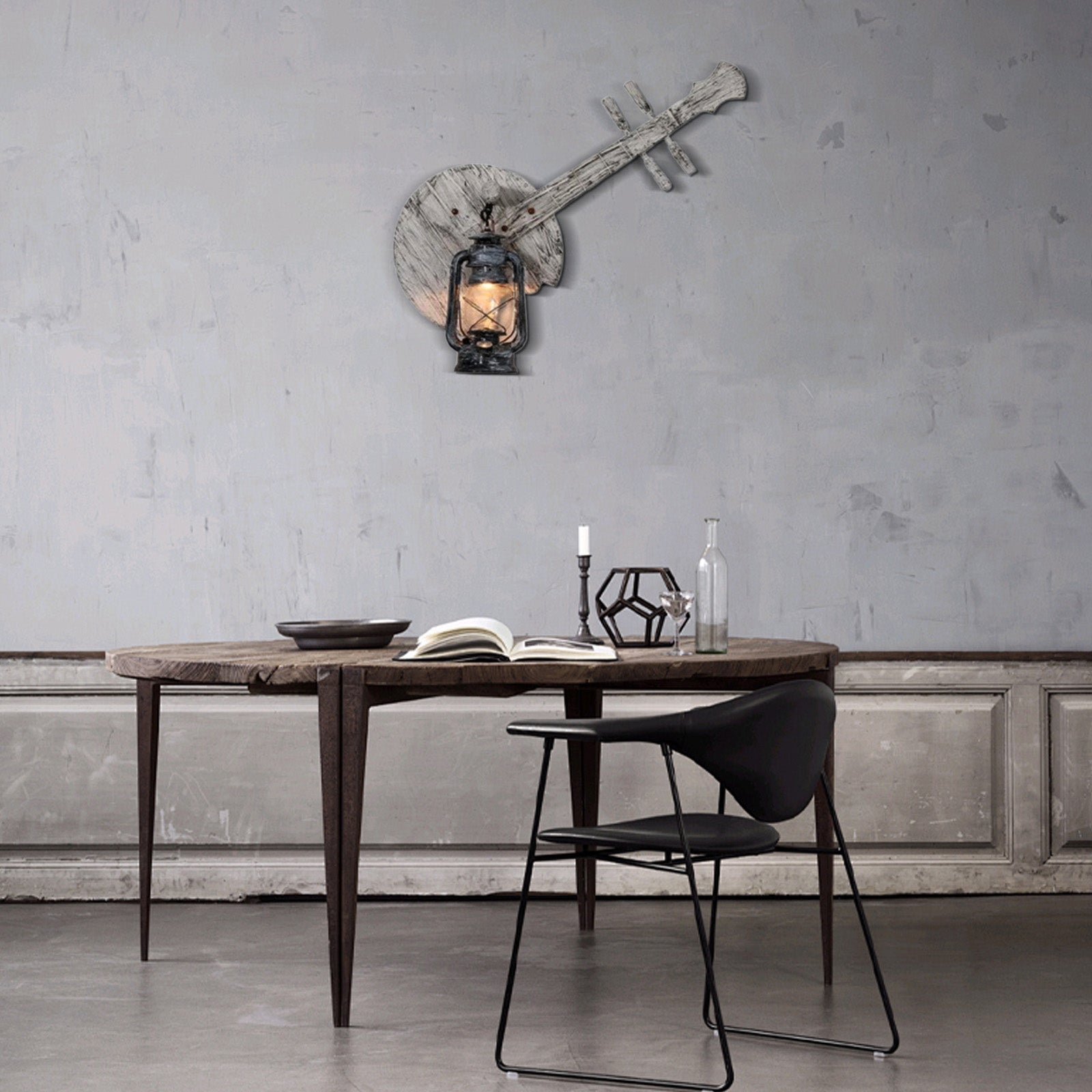  Lantern Wall Lamp — Black Metal & Wood Dining Room