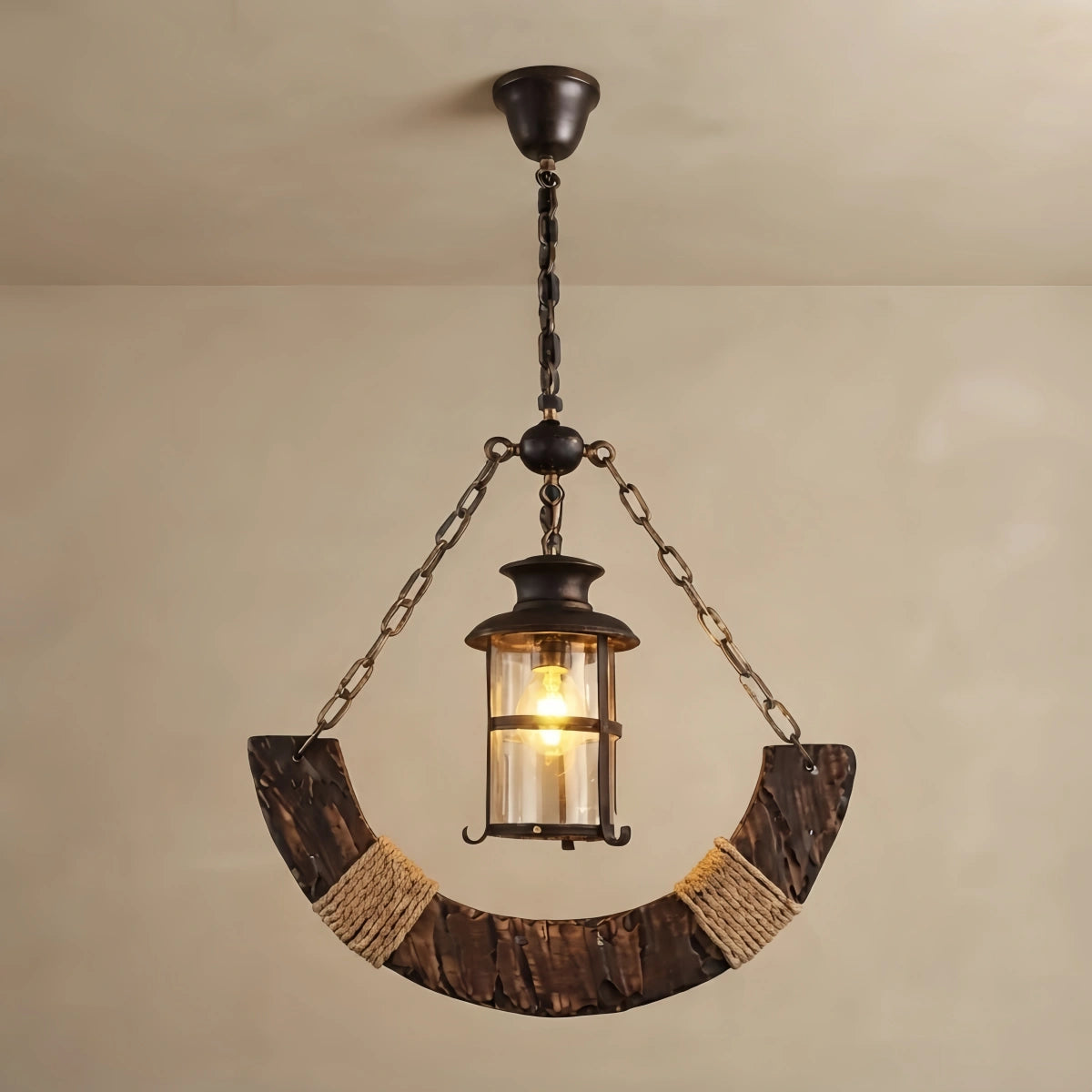 Irondale Rustic Arc Pendant Light — Wood & Metal & Glass Lantern Dining Room