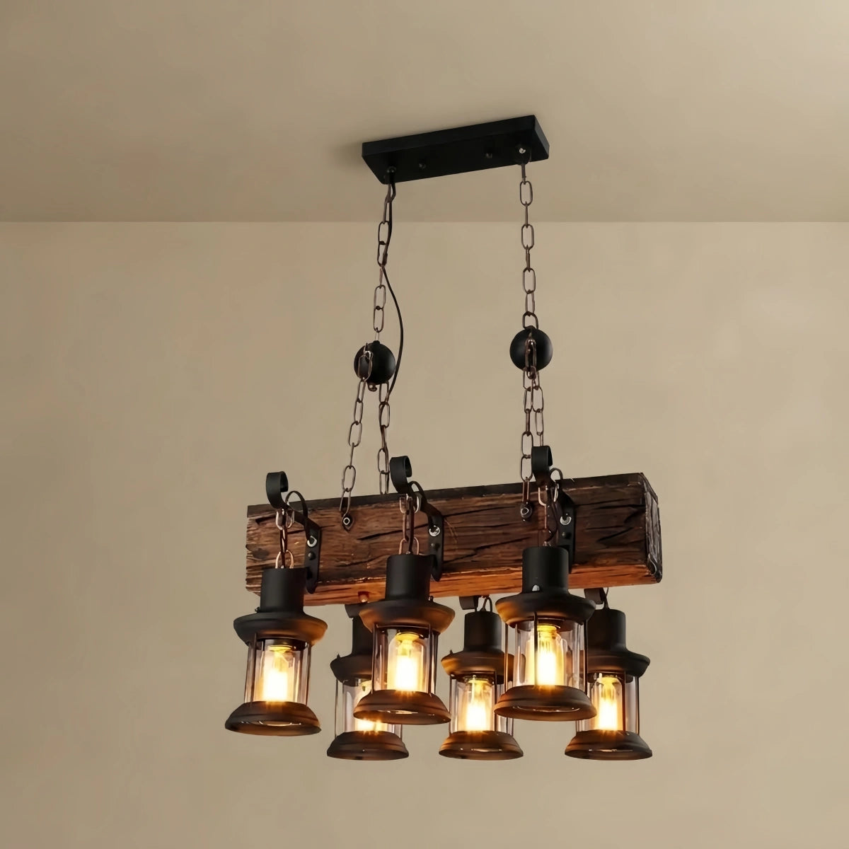 Vintage Rectangular Pendant Light – Wood & Metal Lantern for Dining Room