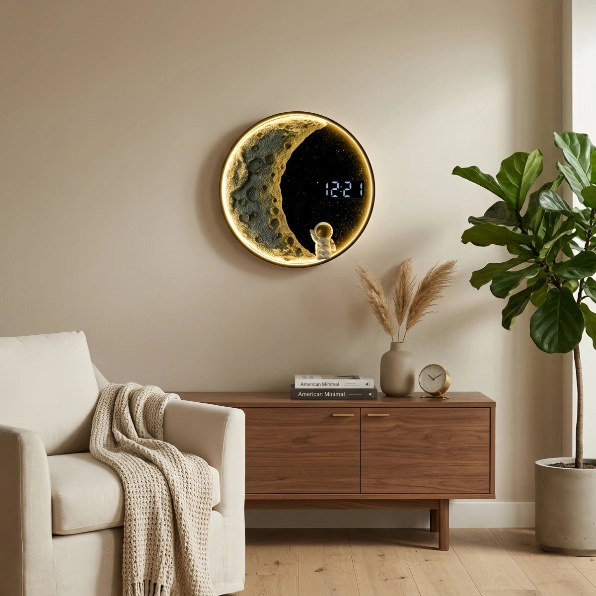 Vivara Art Deco Astronauten Wandlampe - Moderne Mond Metall Uhr Leuchte für Schlafzimmer