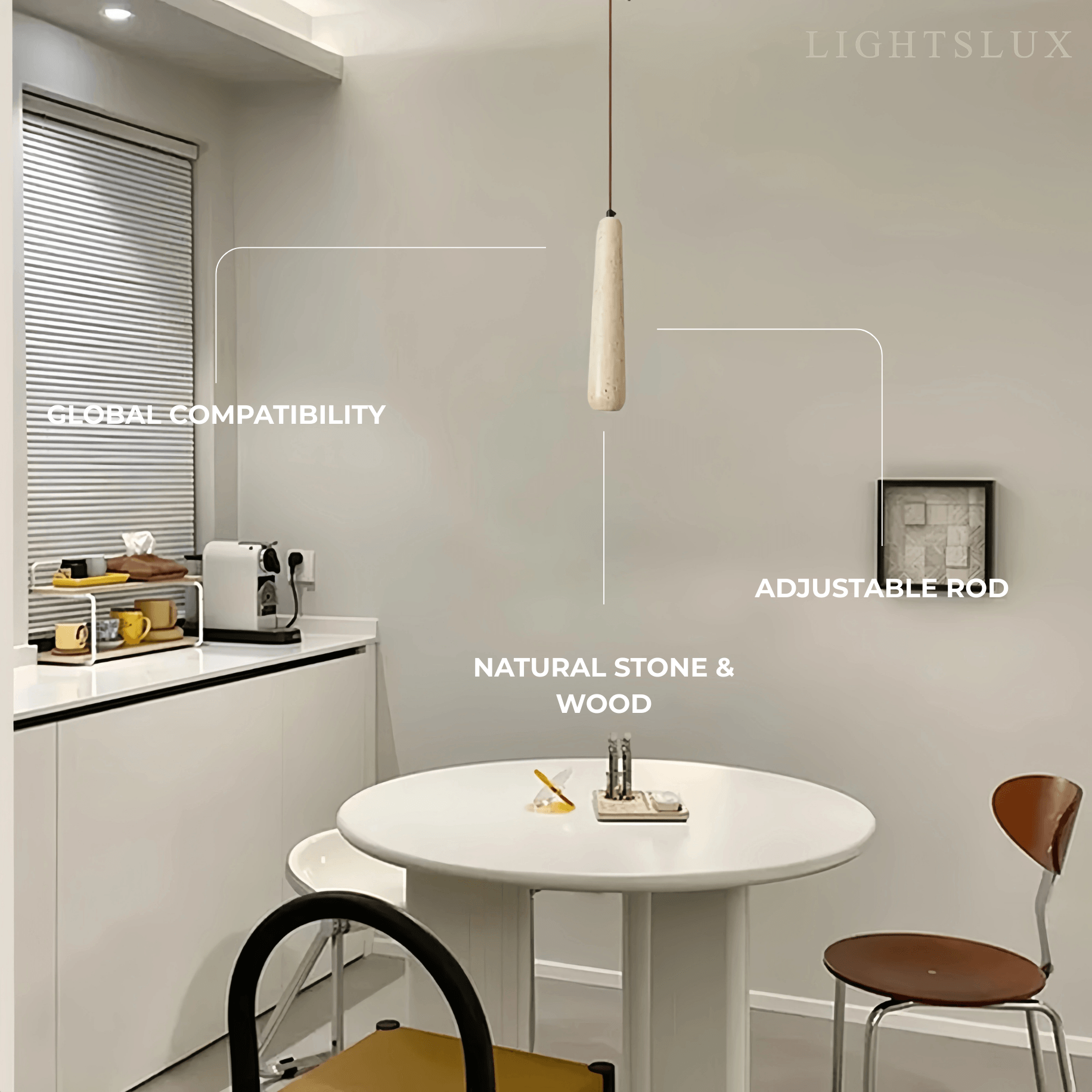 Moderne Pendelleuchte Zenno – Zylinder aus Naturholz und Stein für das Esszimmer