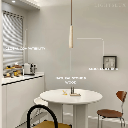 Moderne Pendelleuchte Zenno – Zylinder aus Naturholz und Stein für das Esszimmer