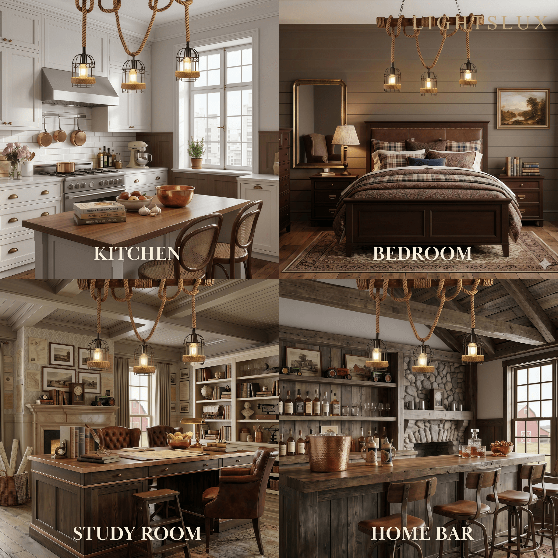 Irondale Vintage 3-Light Pendant Lamp – Wood & Rope Design for Dining Room