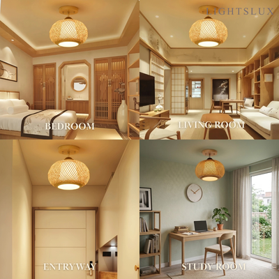 Bamburo Rustic Boho Rattan Ceiling Light – Bamboo Flush Mount for Hallway
