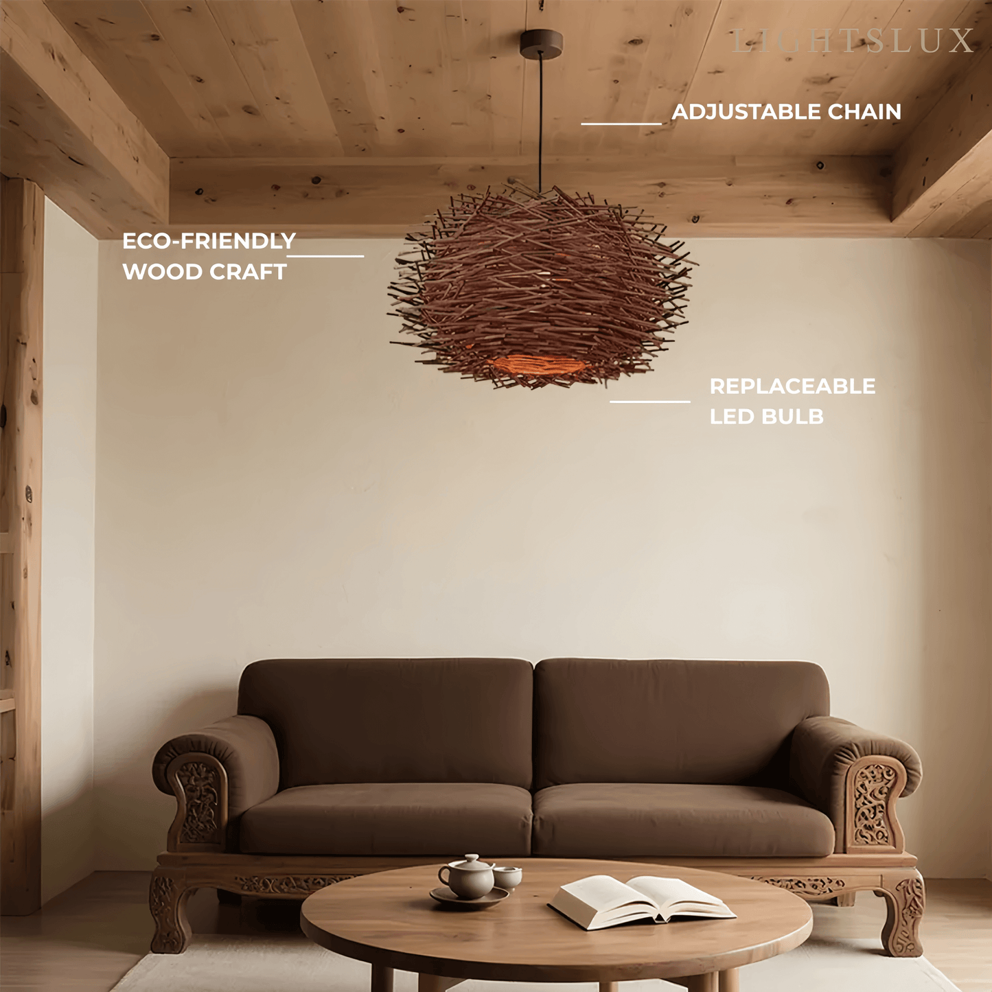 Bamburo Farmhouse Globular Wood Pendant Light – Brown for Living Room