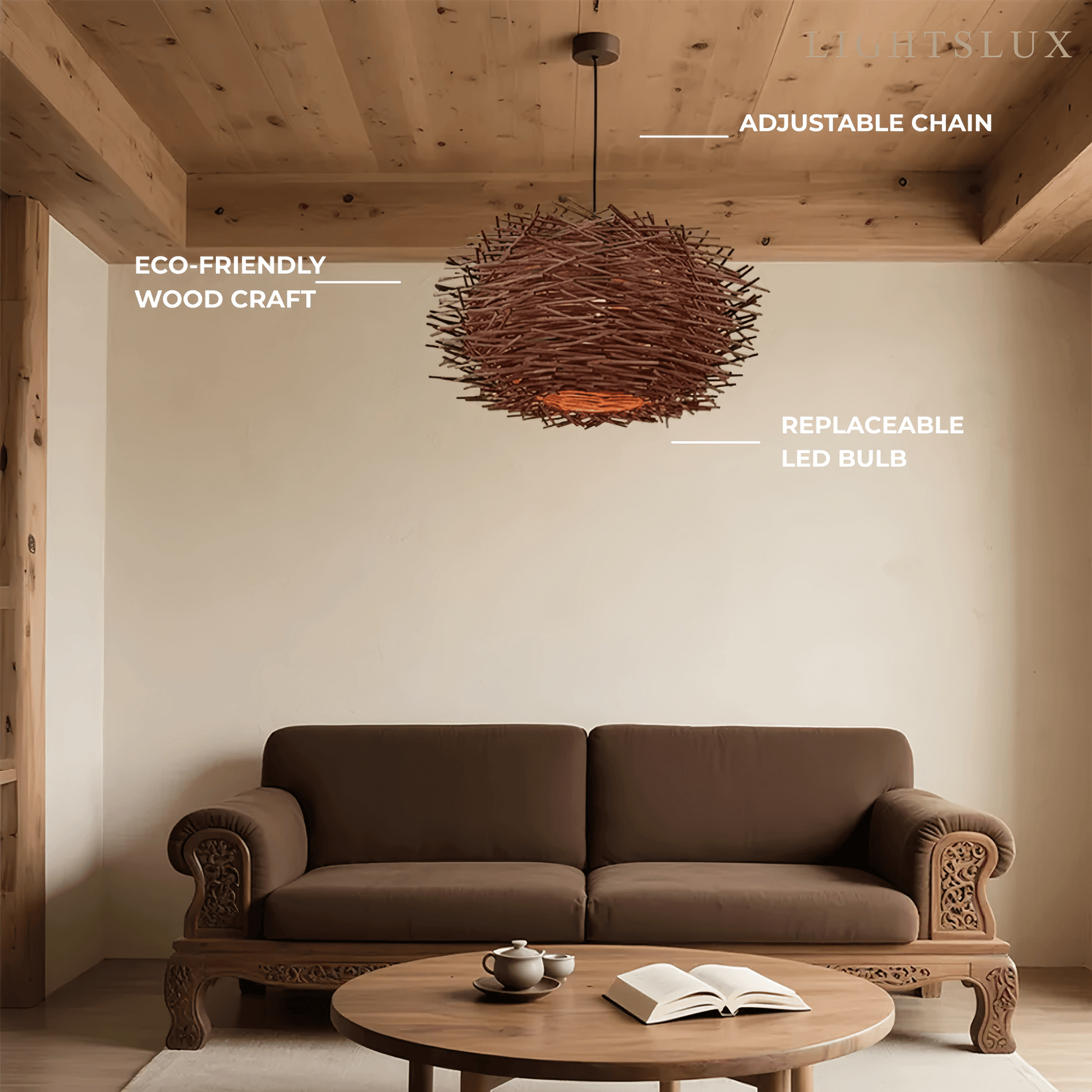 Bamburo Farmhouse Globular Wood Pendant Light – Brown for Living Room