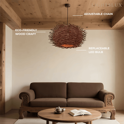 Bamburo Farmhouse Globular Wood Pendant Light – Brown for Living Room