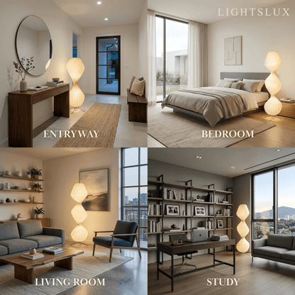 Zenno Art-Deco-Stehlampe – Weißer, plissierter Stoff &amp; Metall fürs Schlafzimmer