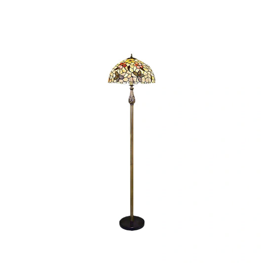 Mahara Vintage Schmetterlings-Stehlampe — Messing/farbige Glasschale mit floralen Motiven Wohnzimmer