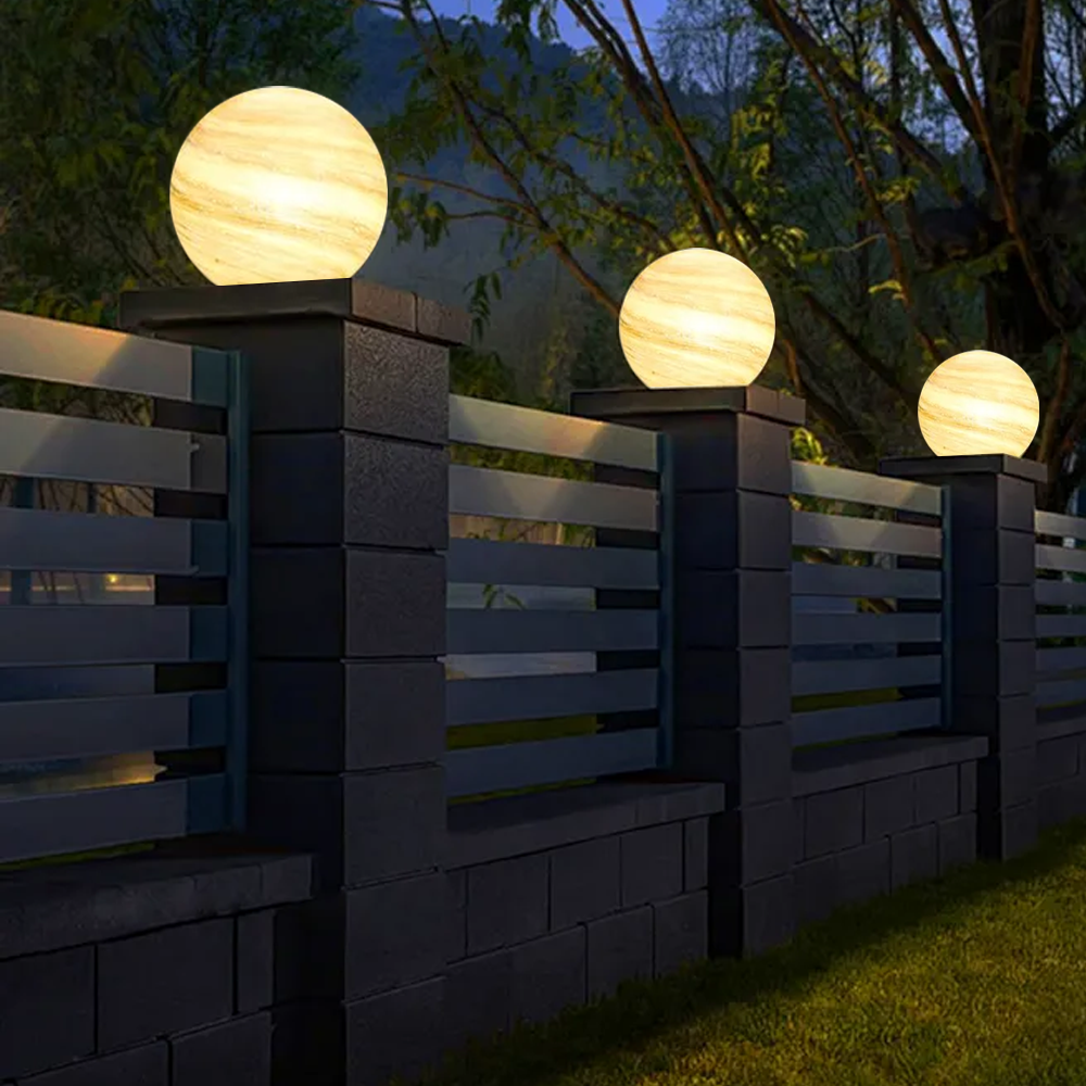 Lunara Art Deco Globe Outdoor Post Light – Moon-Shaped Metal/Glass Solar Pillar Lamp