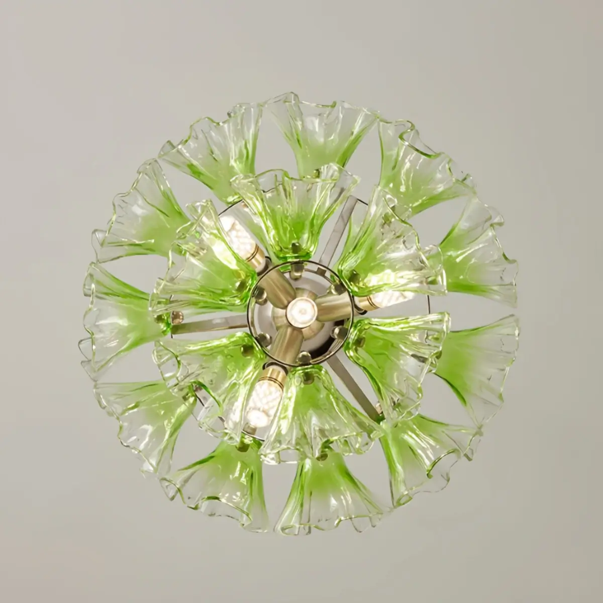 Vetro Mid-Century Glass Chandelier -- Green Ruffled Petals for Dining Room Detail